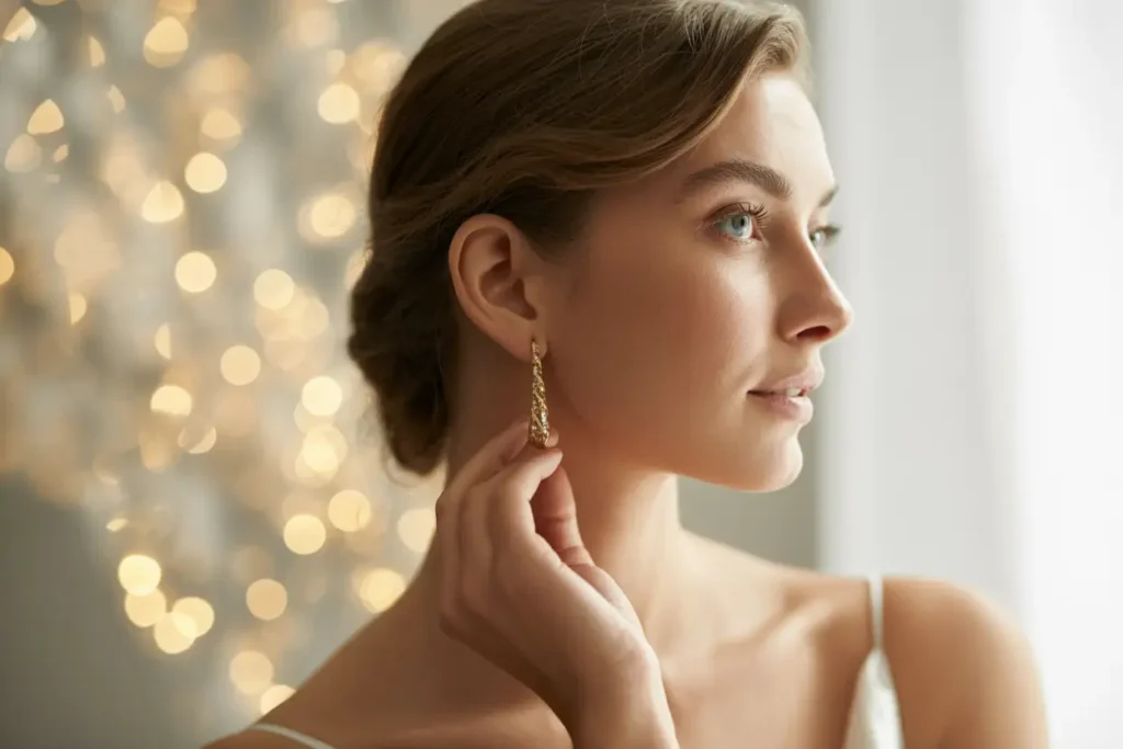 femme blonde qui porte des boucles d'oreilles pendantes