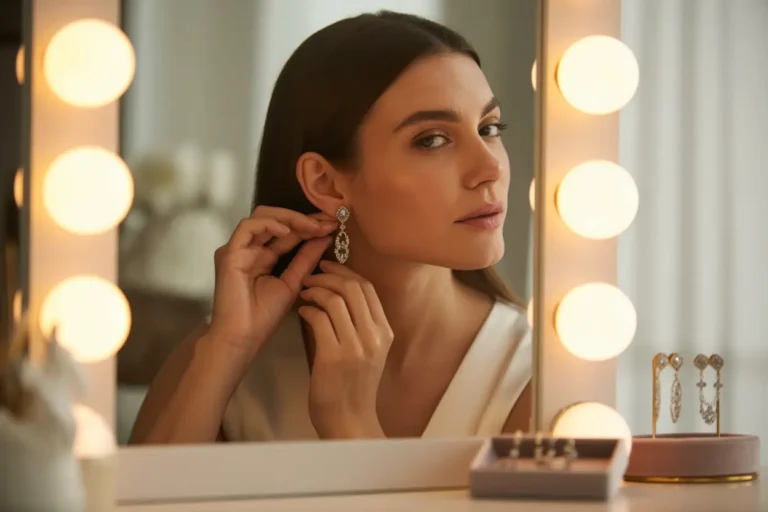 femme devant le miroir qui regarde ses boucles d'oreilles pendantes