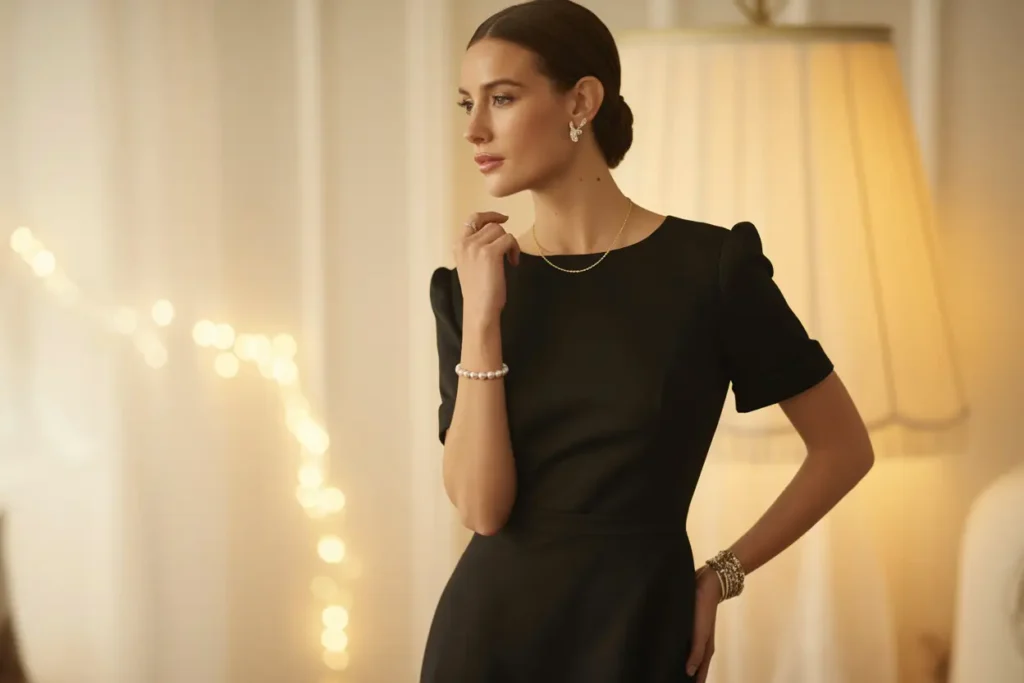 femme en robe noire style Coco Chanel