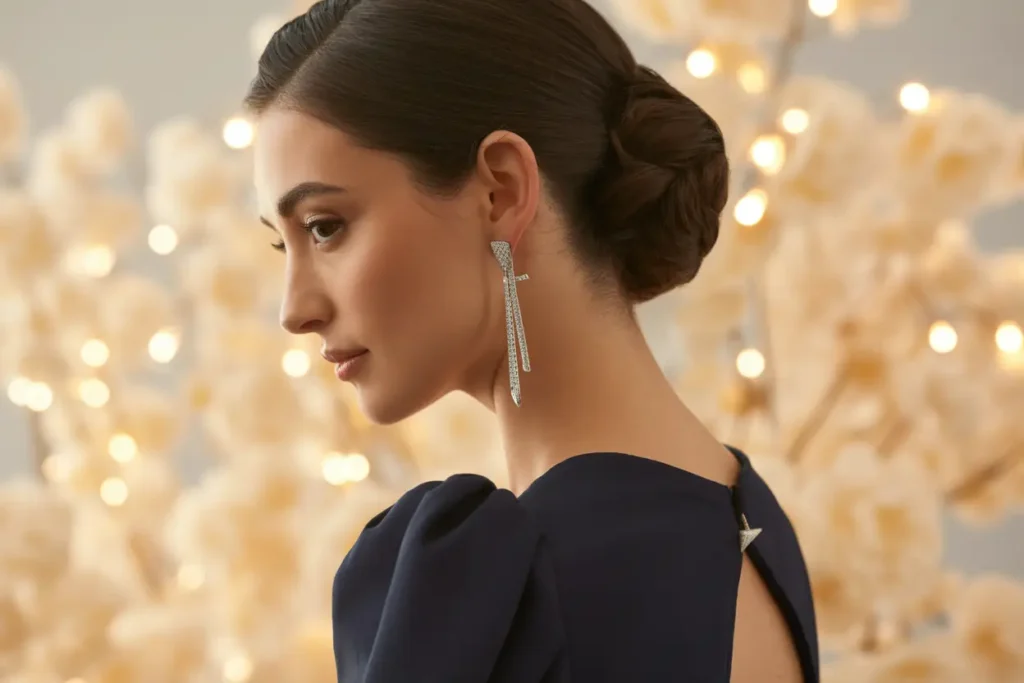 femme chic qui porte des boucles d'oreilles pendantes en argent