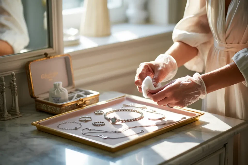 femme qui nettoie ses bijoux en argent