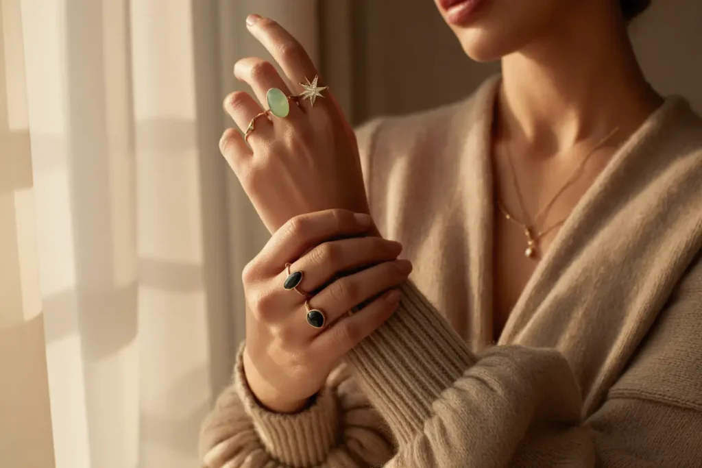 femme qui porte une bague breloque étoile et autres bagues empierrées avec un pull cachemire élégant