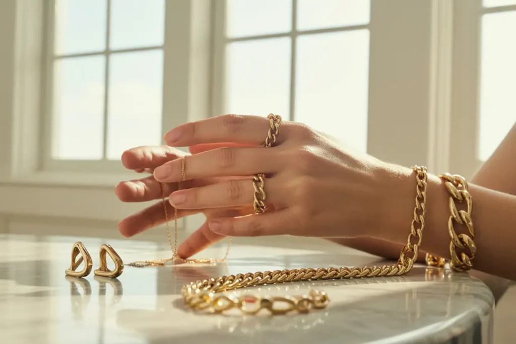 femme qui porte des bagues grosse chaîne et autres bijoux