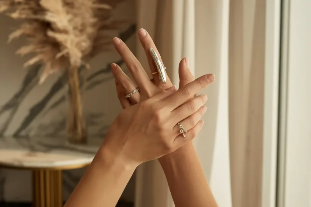 gros plan sur main qui porte une bague longue