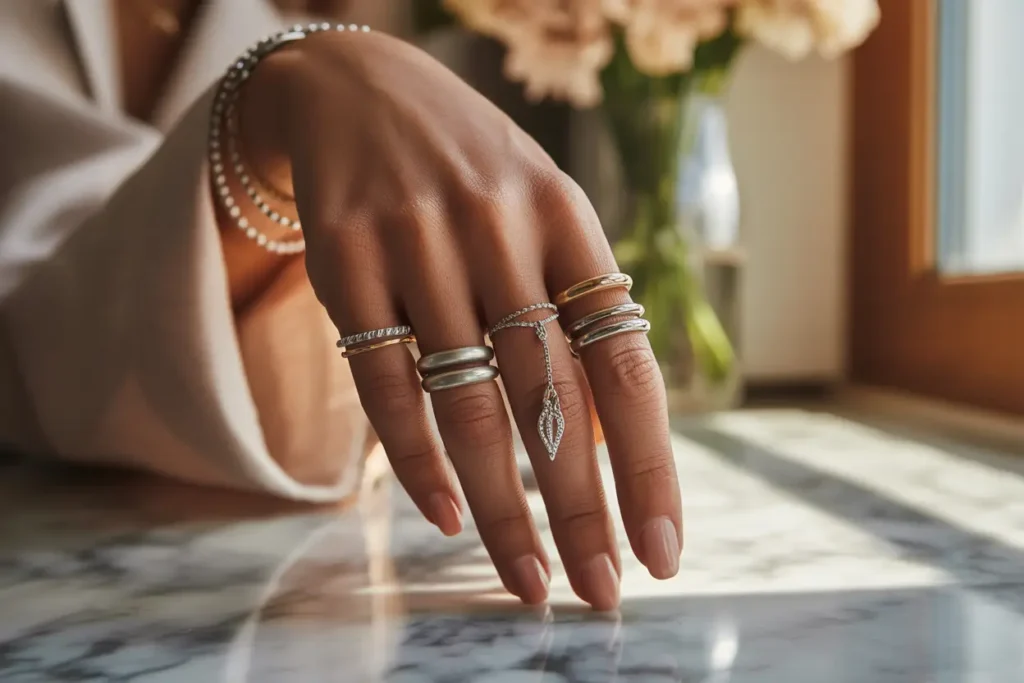 main qui porte une bague breloque et diverses bagues aux autres doigts