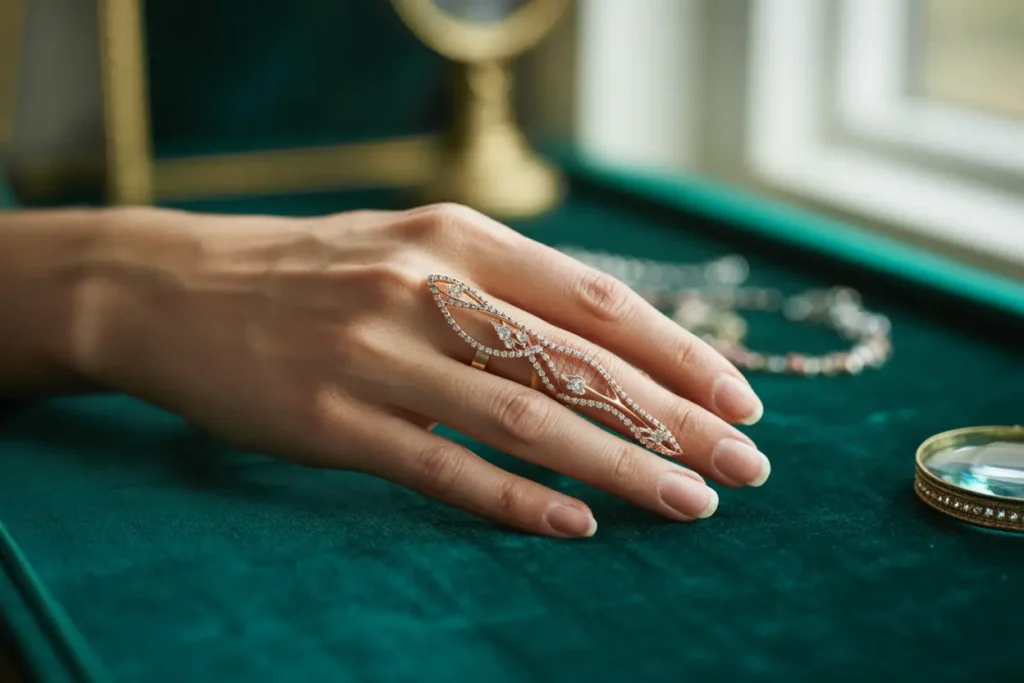 main qui porte une bague longue au majeur