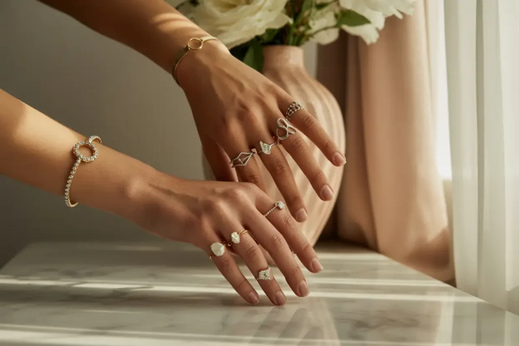 mains de femme qui porte de nombreuses bagues