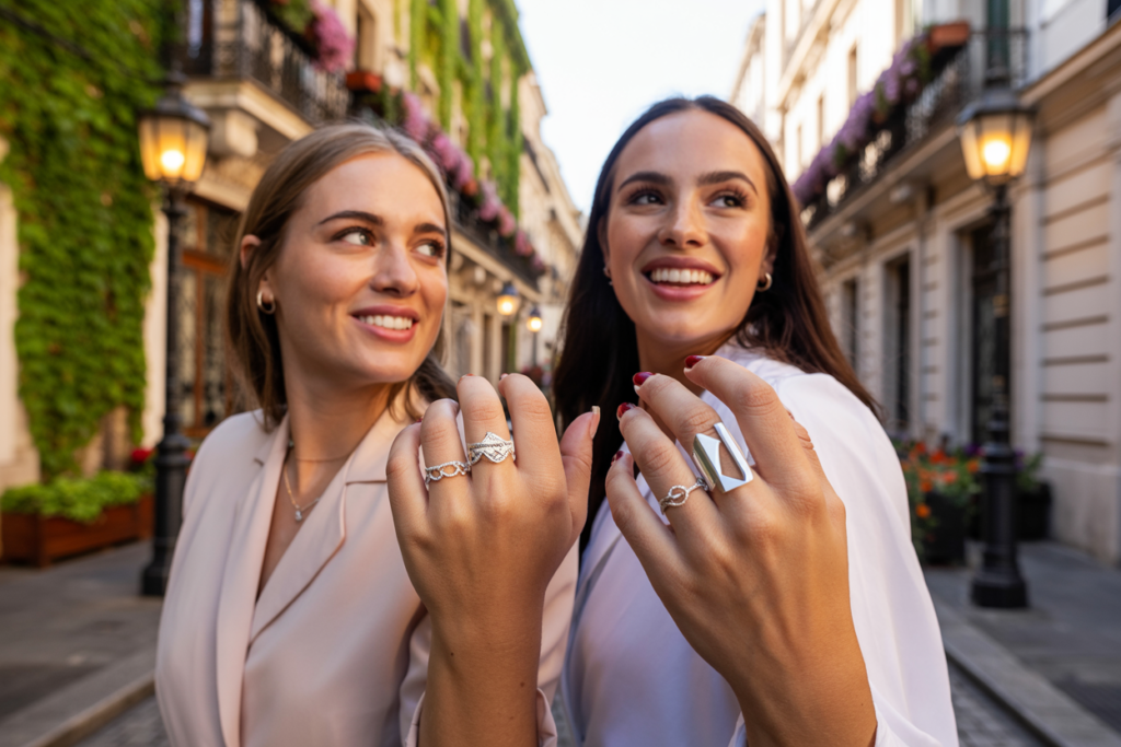 2 femmes qui portent des bagues en argent