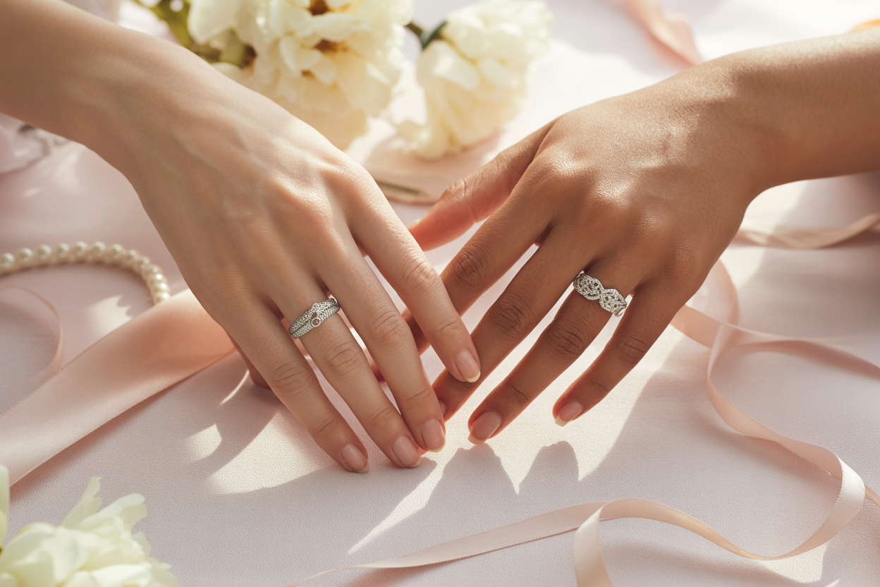 2 mains qui portent chacune une bague en argent