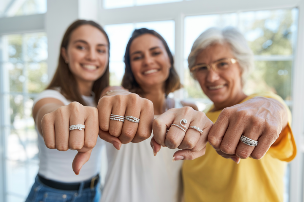 3 femmes montrent leurs bagues en argent
