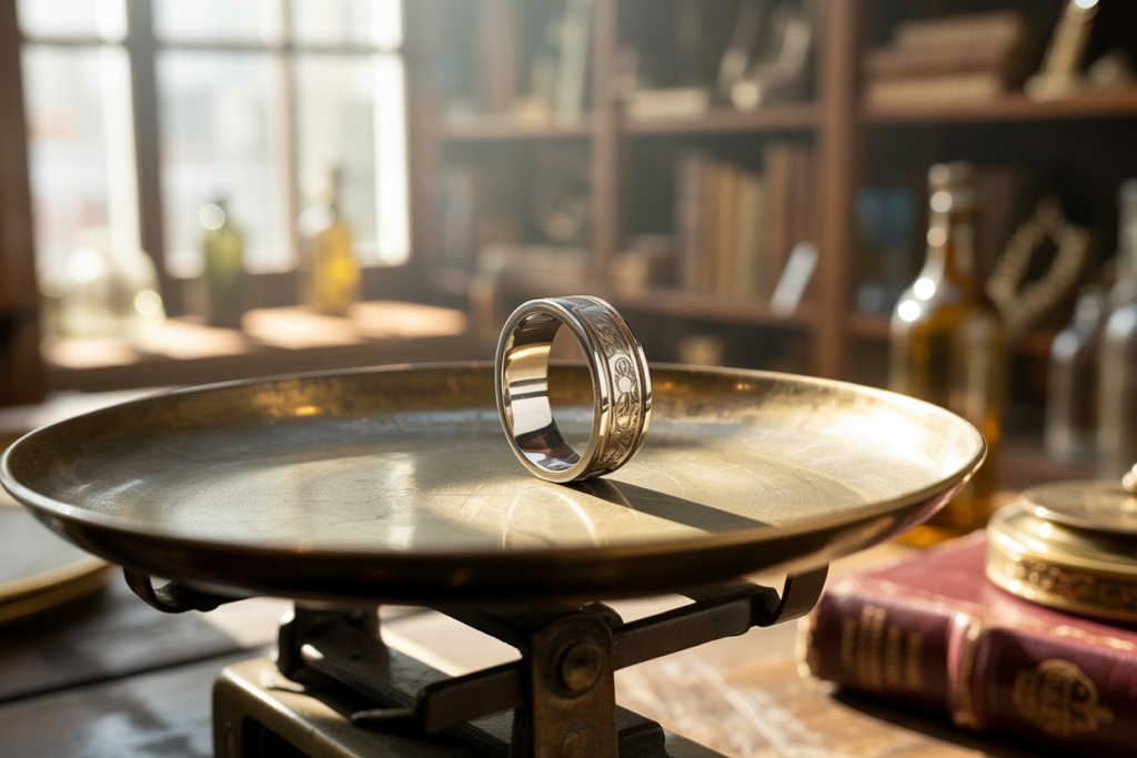 bague en argent sur une balance ancienne