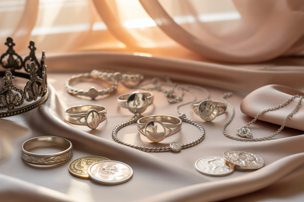 bagues et pièces en argent