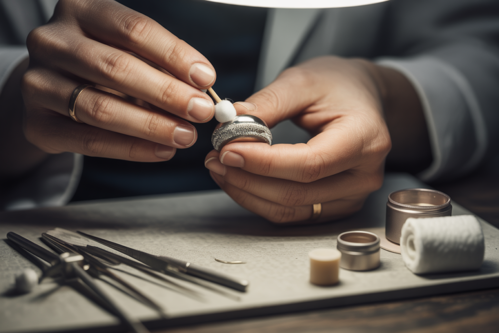 bijoutier applique pâte a polir sur bague en argent