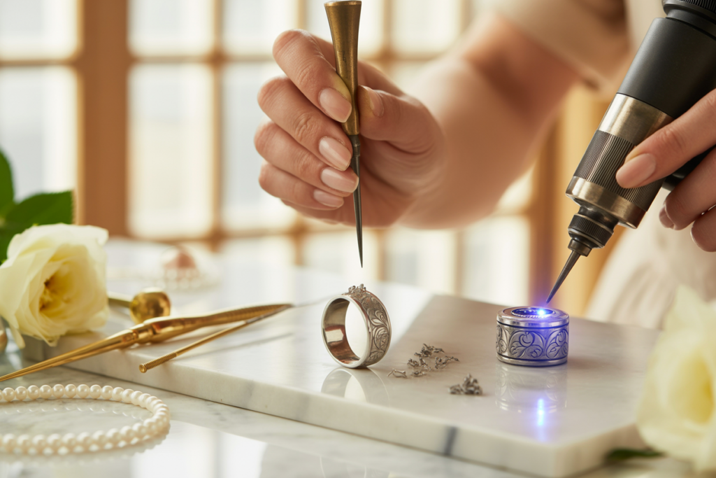 femme grave une bague en argent
