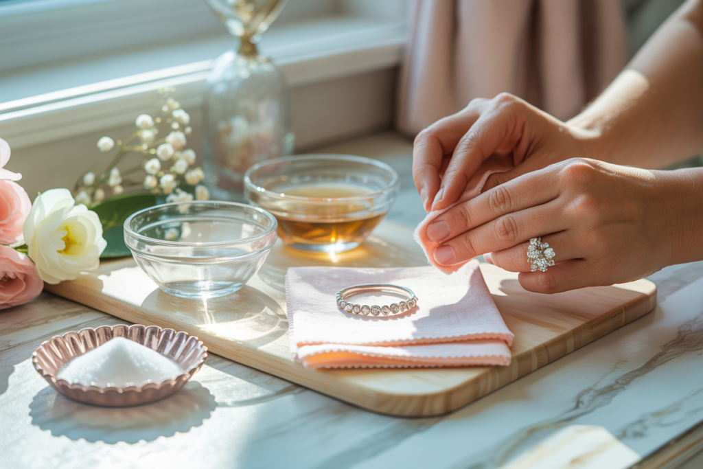 femme qui nettoie sa bague en argent