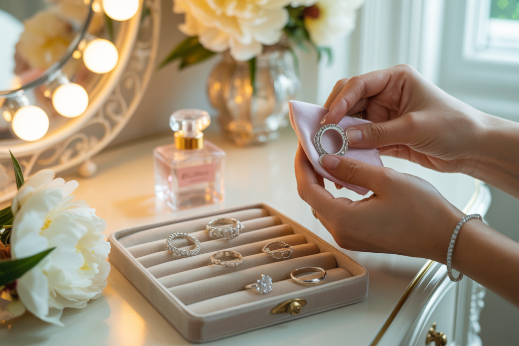 femme qui nettoie ses bagues en argent