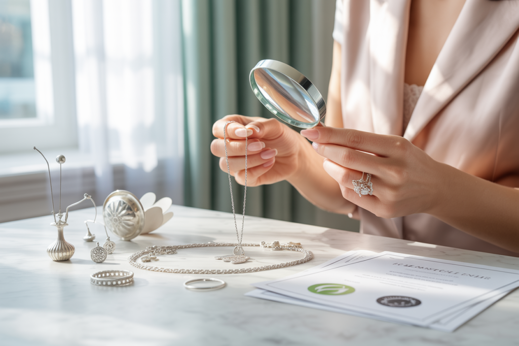femme qui regarde avec une loupe le poinçon sur son bijou en argent