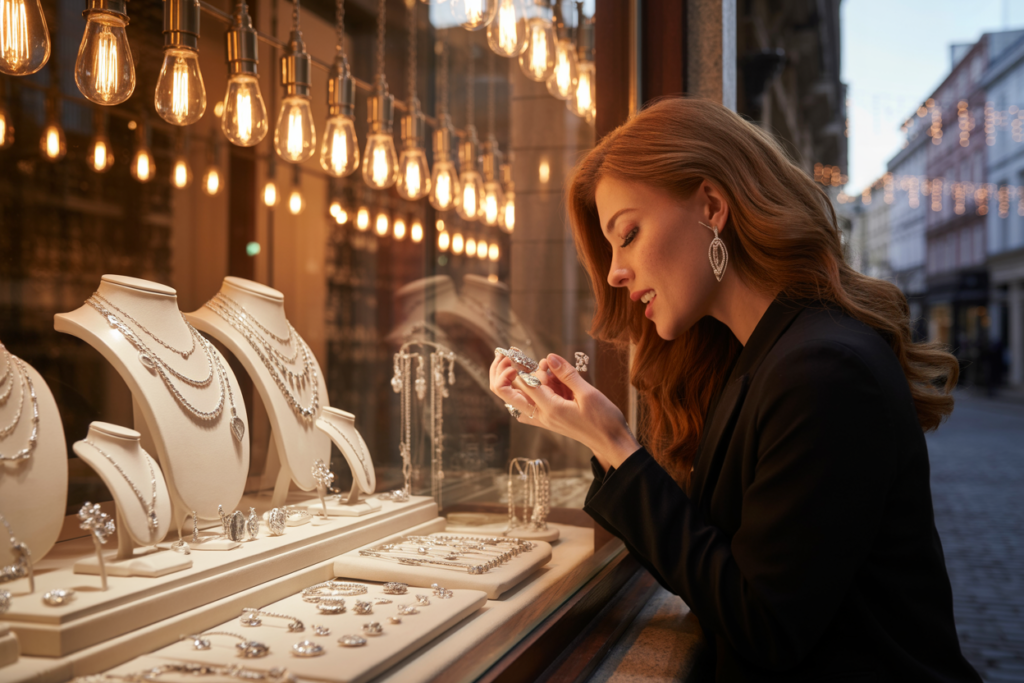 femme qui regarde la devanture d'une boutique de bijoux en argent