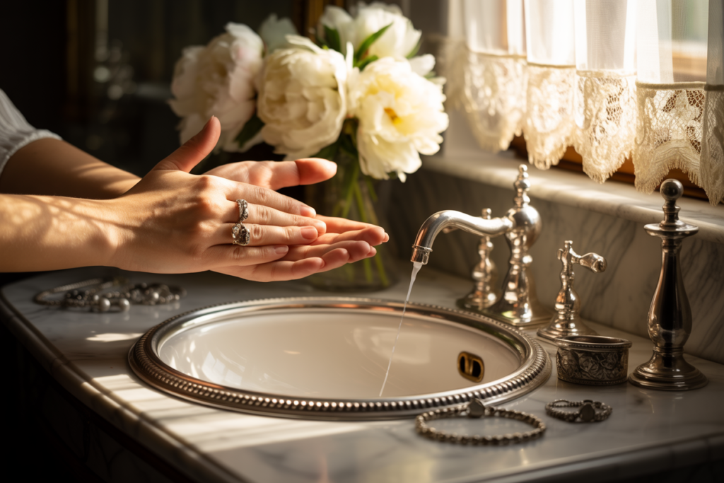 femme qui se lave les mains avec une bague en argent