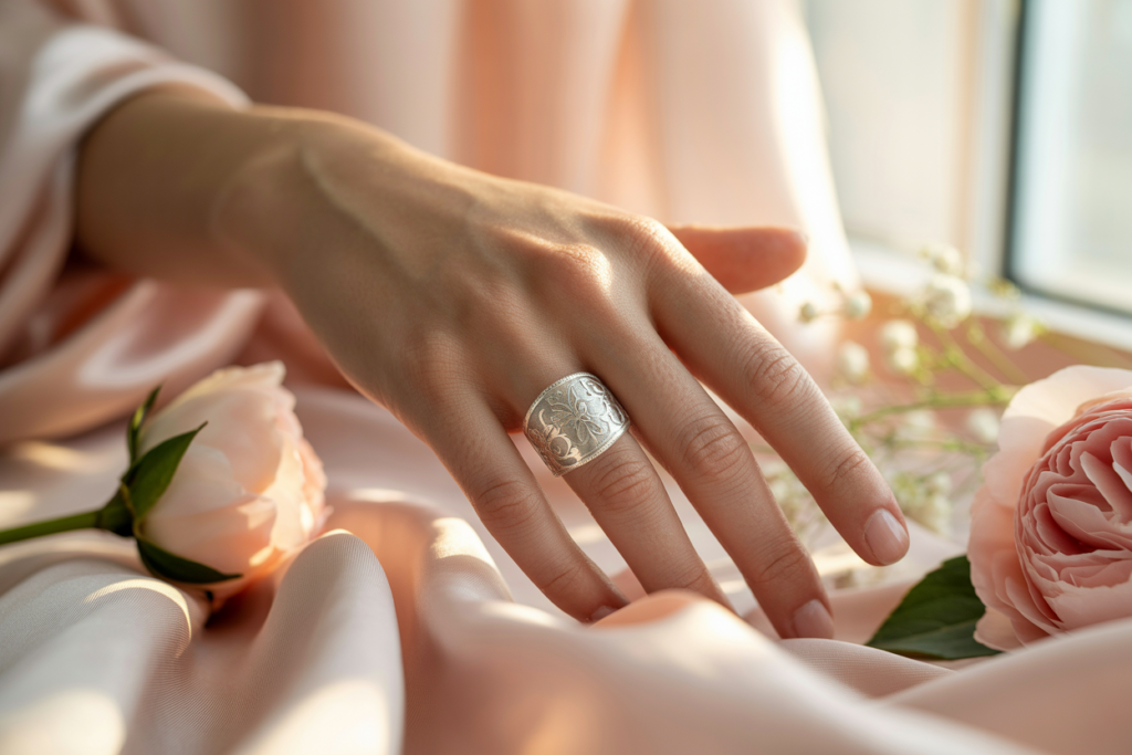 main de femme avec bague en argent gravée