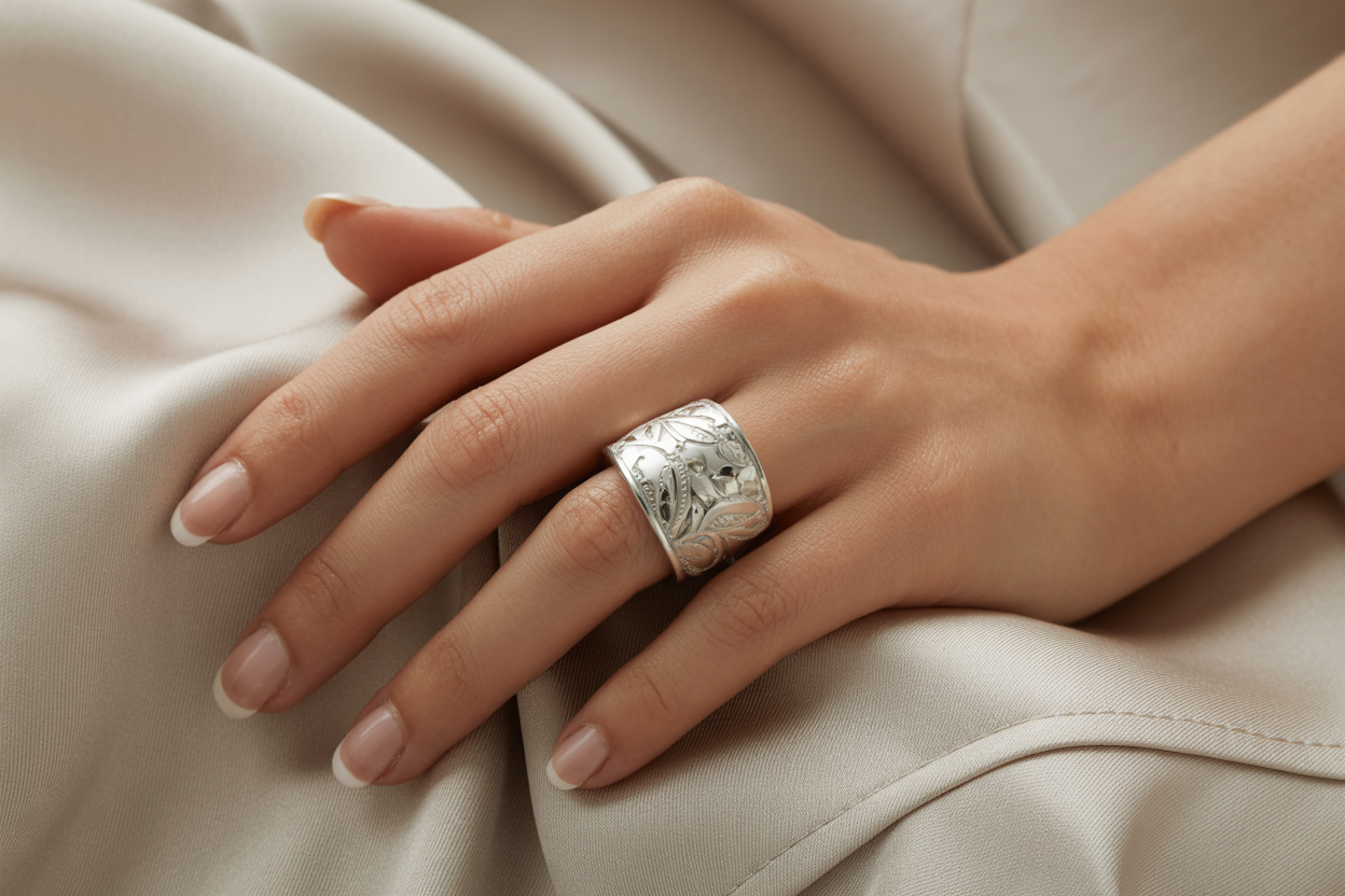 main de femme qui porte une large bague en argent