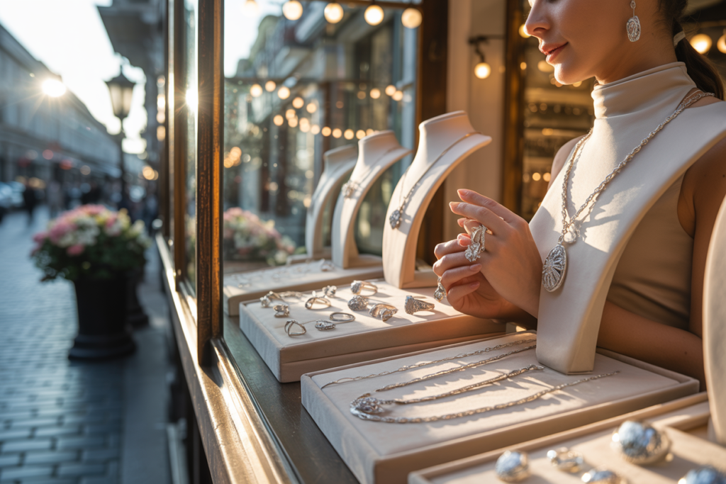 devanture de bijouterie qui présente des bijoux en argent