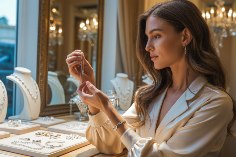 femme dans une bijouterie qui regarde des bijoux en argent