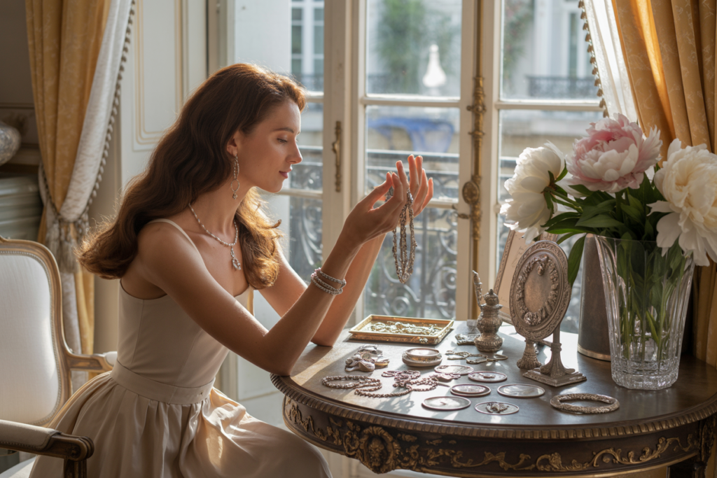 femme observe ses objets en argent